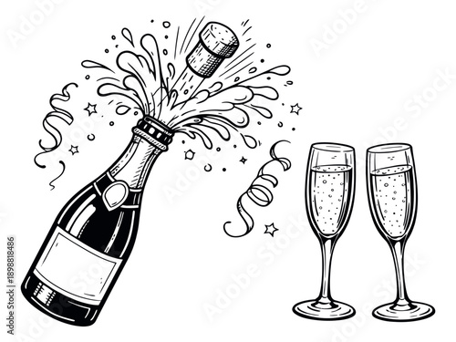 Hand drawn line art celebration set featuring a champagne bottle popping and two champagne flutes for festive occasions