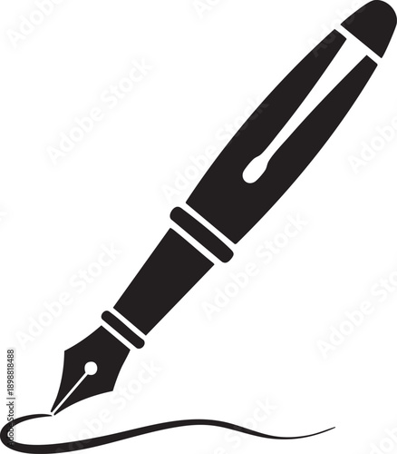 Fountain pen illustration, captured in black and white, depicts the elegant writing instrument actively drawing a smooth, curved line, symbolizing creativity and communication.
