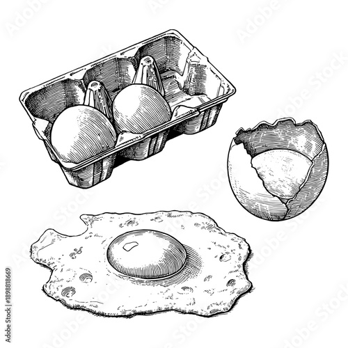 Eggs in a carton with a broken shell and a cooked egg on a plate
