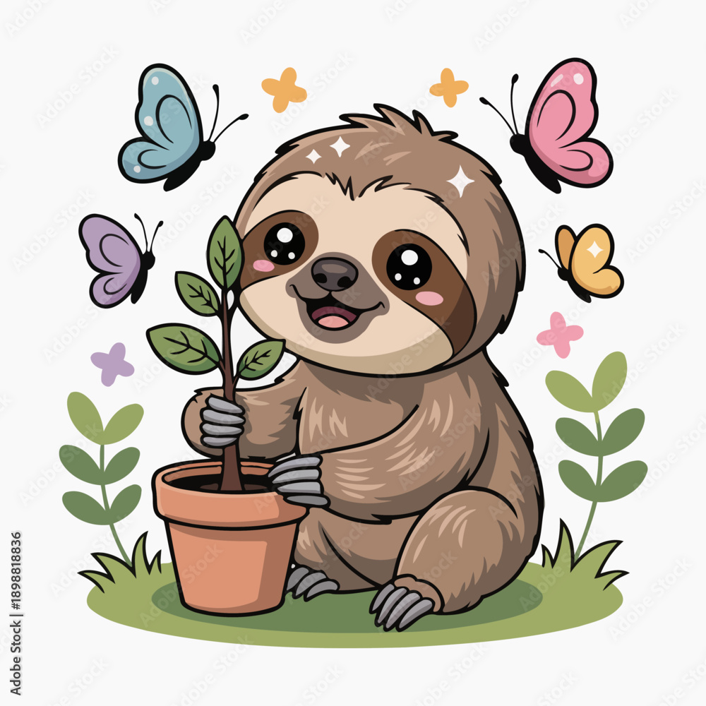 Naklejka premium A happy cartoon sloth sits by a potted plant on grass.