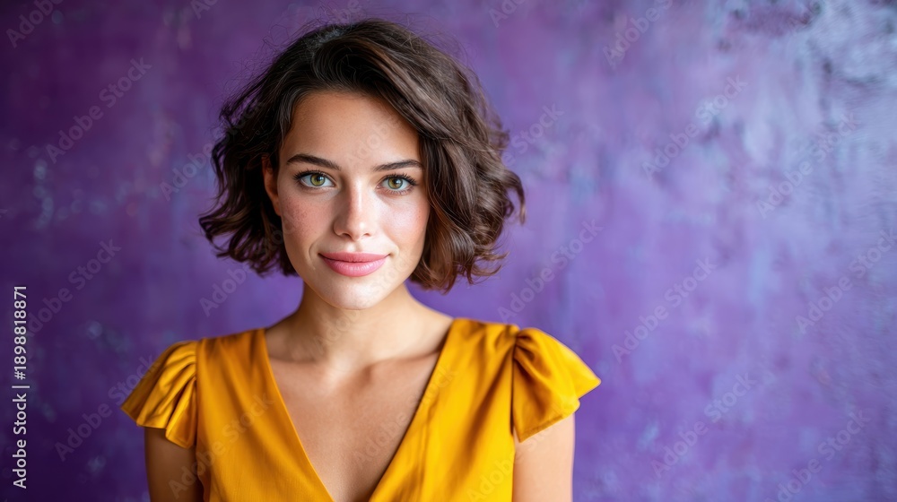 Fototapeta premium A captivating portrait of a young woman dressed in a vibrant yellow top, embodying confidence and charm against a rich purple background, showcasing modern elegance and beauty.
