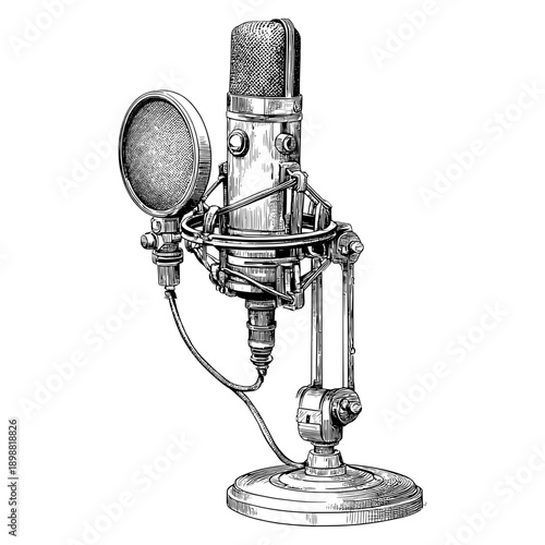 Vintage microphone design with stand and pop filter in sketch style