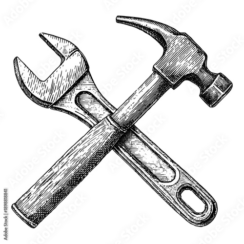 Crossed tools on white symbolize construction and repair