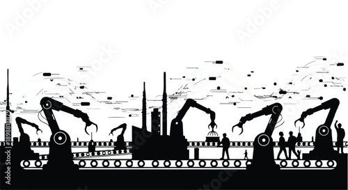 Industrial construction site with excavators and workers in silhouette against city skyline at night with pollution