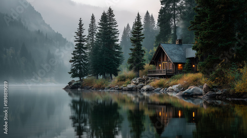 small traditional wooden cabin by a lake in Norway during the autumn