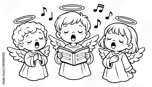 Line art angel set featuring three singing cherubs with musical notes for Christmas celebration