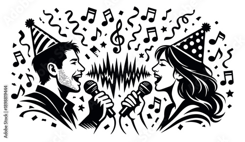 Line art illustration of a man and woman depicting singing karaoke for a party event