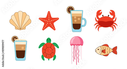 Oceanic icons shell starfish crab turtle