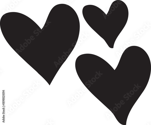 Three black hearts on the background which is white. A visual representation of love and affection. Each heart is unique in shape, creating a sense of individuality