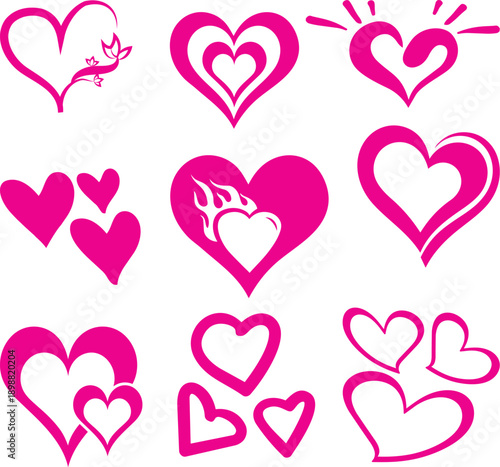 A collection of pink hearts. The image depicts different designs of hearts with various artistic styles.