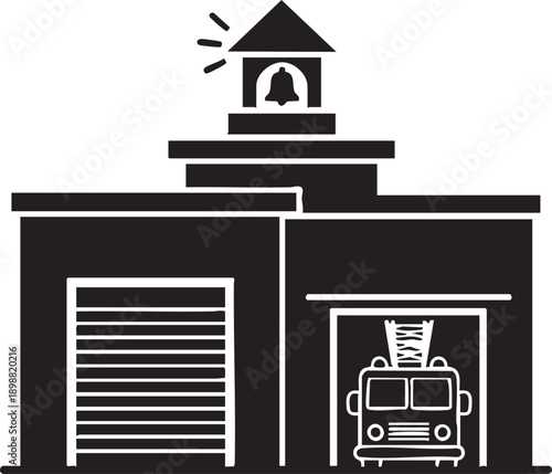 Fire station building with a ringing bell tower and a fire truck parked inside one of its bays, depicted in a simple black and white illustration style.