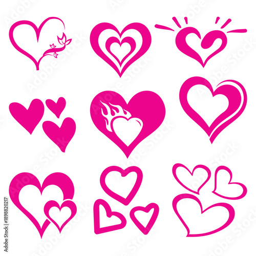 A Collection of Nine Pink Heart Designs, Symbolizing Love and Affection