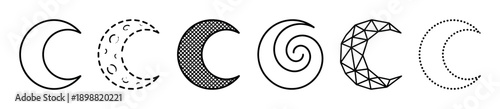 Set of six black crescent moon icons with different artistic styles including outline, dashed, geometric, spiral, crosshatch, and dotted patterns for graphic design