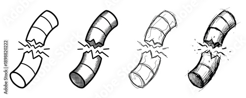 Set of hand-drawn broken cylinder illustrations depicting a fracture or damage, rendered in four different artistic sketch styles from clean line art to rough doodles