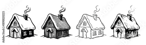 Four hand-drawn black and white winter cottages in a sketchy ink illustration style, each with a snow-covered roof and a cozy smoking chimney for a festive holiday feel