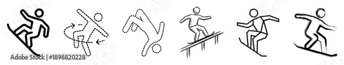 Collection of six black snowboarder pictograms in various artistic styles like sketch, brush stroke, and dotted line, depicting dynamic extreme winter sport action and tricks