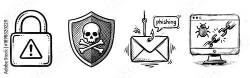 Hand-drawn cybersecurity threat icons set illustrating phishing scams, malware attacks, data breaches, and computer virus warnings in a simple black and white doodle style