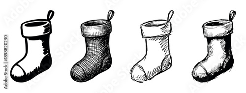 Four hand-drawn Christmas stocking illustrations in a set, showcasing different black ink sketch styles from simple outline to detailed cross-hatching for festive holiday design