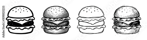 Four hand-drawn black and white burger illustrations in various sketch styles, including simple outline, detailed cross-hatching, and doodle for a graphic fast food menu