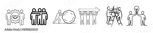 Set of six teamwork and collaboration icons representing partnership, unity, problem-solving, progress, and innovation in various black line art styles