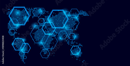 Network connections linking continents through hexagon grid. Global data infrastructure powering international business communications.