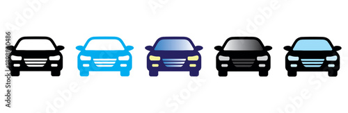 Four modern cars front view lineup blue black white SUV sedan vehicles transportation