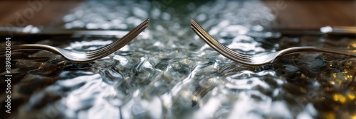 social isolation, a shot of a dinner table for two, split by a thick distorted sheet of industrial lead-glass it illustrates the inability to connect