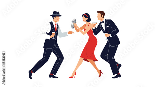 Elegant cocktail party with a professional bartender mixing drinks for a man and a woman in formal evening attire.