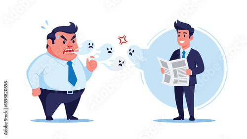 Angry overweight man shouting with small blue ghosts coming out of his mouth towards a calm smiling businessman.