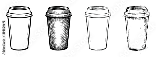 Four hand-drawn disposable coffee cups with lids are shown in a collection of various artistic styles from clean line art to detailed cross-hatching and a rough grunge sketch