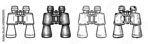 Four pairs of black and white binoculars illustrated in a variety of hand-drawn styles including clean outline, detailed engraving, simple doodle, and a loose artistic sketch