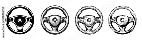 Set of four car steering wheels illustrated in different artistic styles, including a clean graphic icon, a detailed engraving, and a rough hand-drawn sketch