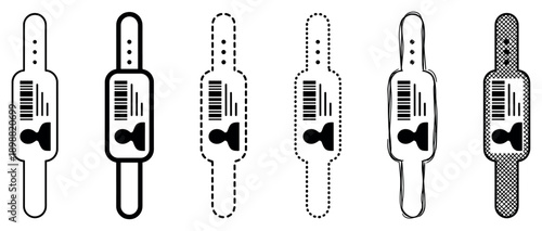 Collection of six hospital patient identification wristband icons with barcodes and person silhouettes, presented in multiple graphic styles like solid, dashed, and sketchy