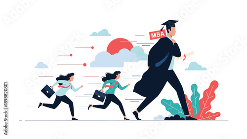 Confident MBA graduate in a gown and cap walking fast while other business people are running to catch up with him.