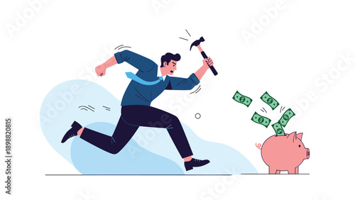 Desperate man in a suit running with a hammer to break a pink piggy bank and get his savings during a financial crisis.