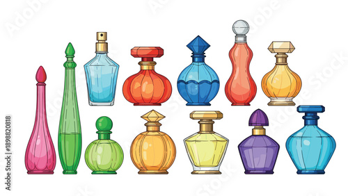 Variety of colorful and decorative glass perfume bottles of different shapes and sizes arranged on a white background.