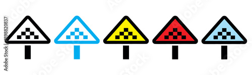 Set of five warning traffic signs with hazard symbols on white background