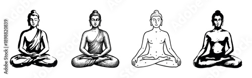 Four black and white hand-drawn illustrations of a meditating figure in a lotus pose, showcasing a collection of different artistic styles from bold ink to simple line art