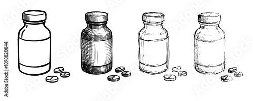 Set of four medicine bottles and pills illustrated in different black and white hand-drawn techniques, including simple outline, detailed hatching, and loose sketchy styles
