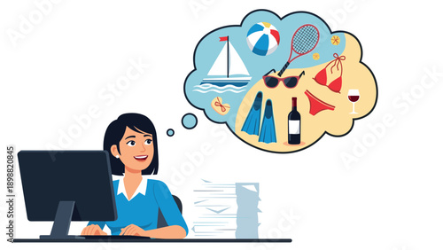 Woman working at her computer in the office while dreaming about a sunny beach vacation with a boat and cocktails.
