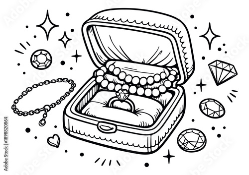Hand drawn line art jewelry set featuring a jewelry box, engagement ring, pearls, and diamonds for luxury and fashion design