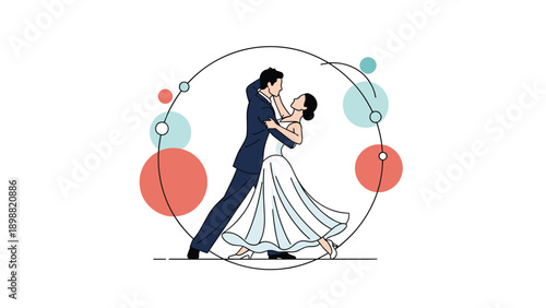 Elegant man and woman in a wedding dress and suit dancing together inside a decorative circle with abstract bubbles.