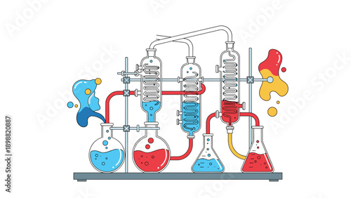 Detailed illustration of a complex chemical laboratory equipment with glass flasks and tubes filled with colorful liquids.