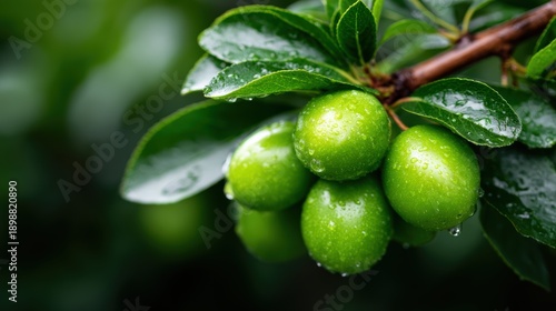 Wallpaper Mural A close-up photograph of fresh green olives on a branch, glistening with morning dew, highlighting their vibrancy and vitality, set against lush green leaves, symbolizing nature. Torontodigital.ca