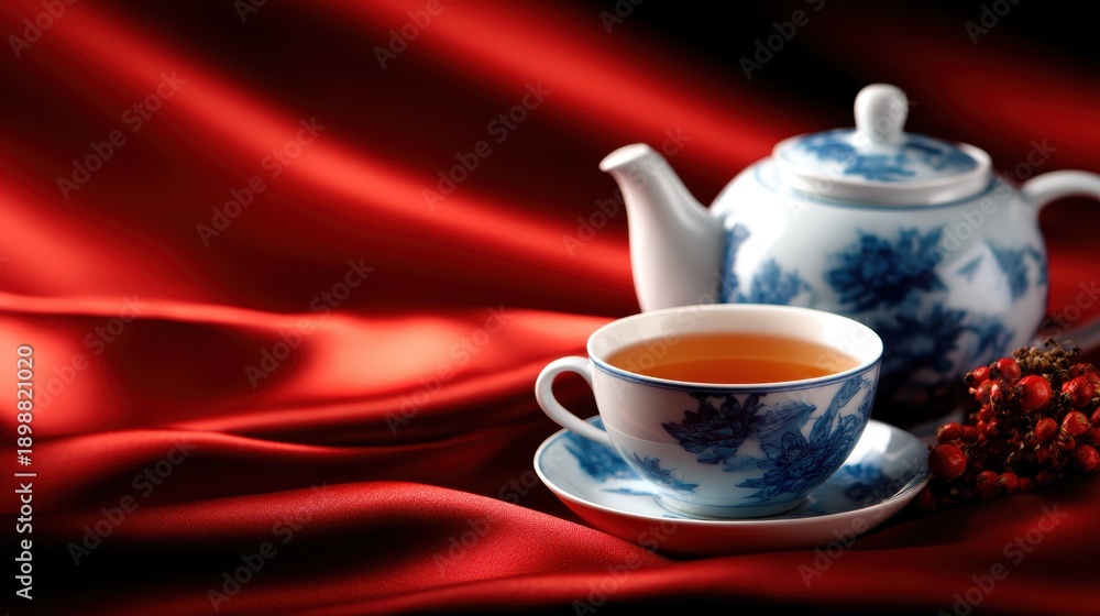 Fototapeta premium An elegant tea set accompanied by a steaming cup of tea, beautifully arranged on luxurious red fabric, evoking warmth, hospitality, and a tranquil drinking experience.