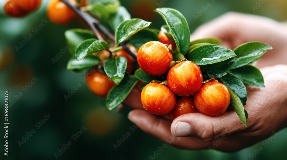 Obraz premium A hand holds a branch laden with bright, juicy fruits, showcasing the natural beauty and abundance of ripe produce ready to be enjoyed, evoking feelings of nature and harvest.