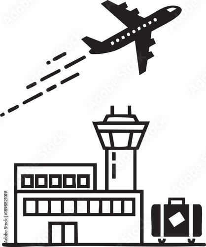 Airplane taking off from an airport building with a control tower and a suitcase, symbolizing international air travel and global journeys.