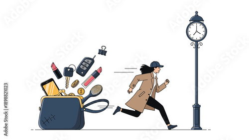 Young woman in a coat running fast towards a clock while items are falling out of her open handbag behind her.