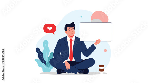 Concerned businessman in a suit sitting on the floor holding a blank white board with a red heart speech bubble.