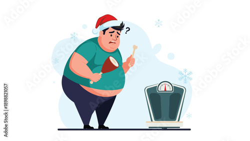 Overweight man wearing a santa hat looking worried at a weighing scale while holding a piece of meat during holidays.